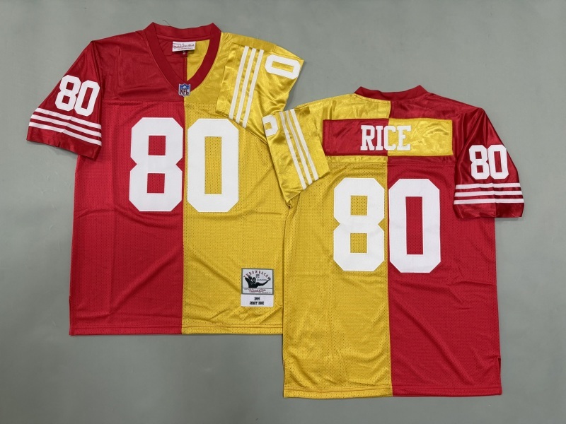 Men 2025 San Francisco 49ers #80 Rice red yellow Throwback Limited NFL Jersey style 001